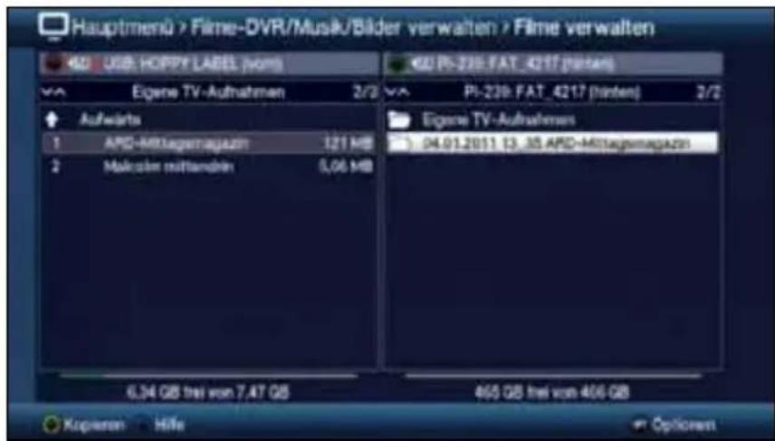 Hauptmenü > Filme-DVR/Musik/Bäder verwalten > Filme verwalten 402 USB-HORRY LABEL (nom) Eigene TV-Aufnahmen 2/2 Aufwärts 1 AMD-Mittagmemagazin 121 MB 2 Makrosen mittenden 5,06 MB 6,34 GB trei von 7,47 GB Eigene TV-Aufnahmen 04.01.2011 13_35 AMD-Mittagmemagazin 465 GB trei von 406 GB Kopieren Hilfe Options