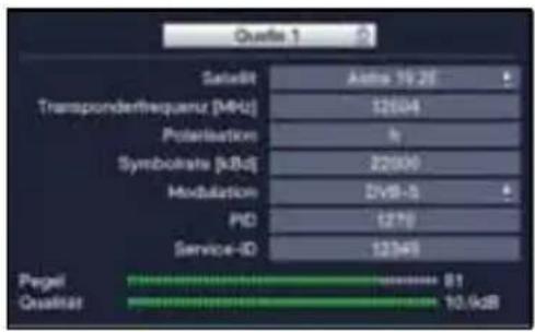 Quelle 1 Select Astra 16.20 Transponderfrequenz [MHz] 12504 Polarisation h SymbolRate [kHz] 22000 Modulation DV8-5 PID (270) Service-ID 12345 Pagel 81 Qualitas 10.9kB