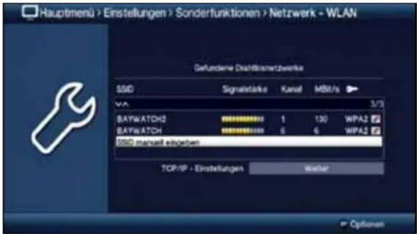 Hauptmenü > Einstellungen > Sonderfunktionen > Netzwerk - WLAN Gefundene Dachlüssenerzwerke SSID Signalstärke Kanal MBit/s VA 3/3 SAYWATCH2 1 130 WPA2 BAYWATCH 6 6 WPA2 SSID manxalt einbetten TCP/IP - Einstellungen Weiter Options