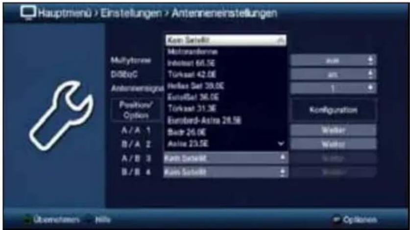 Hauptmenü > Einstellungen > Antenneneinstellungen Kem Satzelt MultiTernor D/SEyC Antenneresigma Position/ Options A / A 1 B / A 2 A / B 3 B / B 4 Mutterdennar Indoseat 68.5E Türkast 42.0E Helixe Set 39.0E KuofelSet 36.0E Türkast 31.5E Emsberd-Astra 28.5E Back 26.0E Axite 23.5E Rath Satzelt Keim Satzelt Anat AnL 1 Konfiguration Welter Welter Welter Übernehmens - Nille Optionen