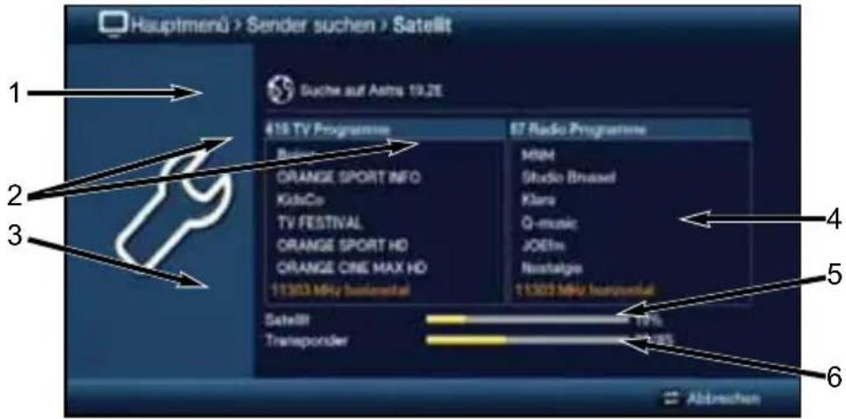 Hauptmenü > Sender suchen > Satellit Suche auf Asirs 19.2E 418 TV Programme Bulim ORANGE SPORT INFO KidsCo TV FESTIVAL ORANGE SPORT HD ORANGE ONE MAX HD 11303 MHz fundamental Satellit Transponder 57 Radio Programme MSM Studio Brassel Klavi Q-music JOEIm Nostalges 11303 MHz fundamental Abstrechen
