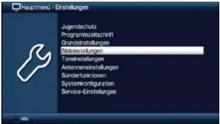 Hauptmenü > Einstellungen Jugendschutz Programmzeitschrift Grundeinstellungen Bildeinstellungen Toneinstellungen Antenneneinstellungen Sonderfunktionen Systemkonfiguration Service-Einstellungen