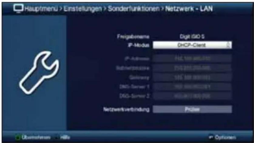 Hauptmenu > Einstellungen > Sonderfunktionen > Netzwerk - LAN Frigabemere Digit iSIO 5 IP-Modus ChCP-Client IP-Address FISI 100 (465,970) Rathemperäste FISI 200 (200,000) Gehingung IISI 300 (300,000) DNS-Server 1 HOS 800 (800,000) DNS-Server 2 HOS 800 (800,000) Netzwerkverbindung Prolier Überwecken HBS Options
