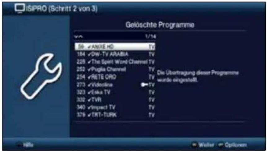 iSIPRO (Schritt 2 von 3) Gelöschte Programme 56 ANXE HO TV 184 DW-TV APABIA TV 228 The Spirit Word Channel TV 252 Puglia Channel TV 254 RETE ORO TV 273 Videokina TV 323 Eska TV TV 332 TVR TV 340 Impact TV TV 379 TRT-TURK TV Die Übertragung dieser Programme wurde eingestellt. Hello Welter Optionen