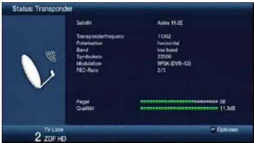 Status: Transponder SelectKit Autres 18.2E Transponderfrequenz 11362 Polarisation Horizontal Band low Band Symbolise 22006 Modulation BPSK (DVB-SZ) FEC-Rise 2/3 Fugal Qualität 08 11.3dB TV - Litter Opti-wn 2 ZDF HD
