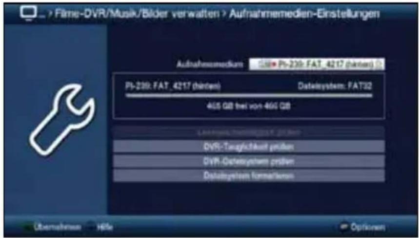 > Fine-DVR/Musik/Bilder verwalten > Aufnahmemedien-Einstellungen Aufnahmemedien: 128 P1-239: FAT_4217 (härten) PI-239: FAT_4217 (härten) DataSystem: FAT32 405 GB frei von 405 GB DVR-Tangkirkwert pränen DVR-Datekryseum pränen DataSystem formaltens Übernahme HBe Options