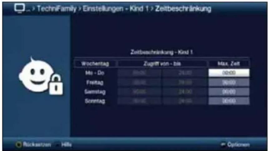 TechniFamily > Einstellungen - Kind 1 > Zeitbeschränkung Zeitbeschränkung - Kind 1 Wochentag Zugriff von - bis Max. Zeit Ma - Do 24:00 00:00 Freitag 24:00 00:00 Samstag 24:00 00:00 Sonntag 24:00 00:00 Rücksetzen - Hille Options