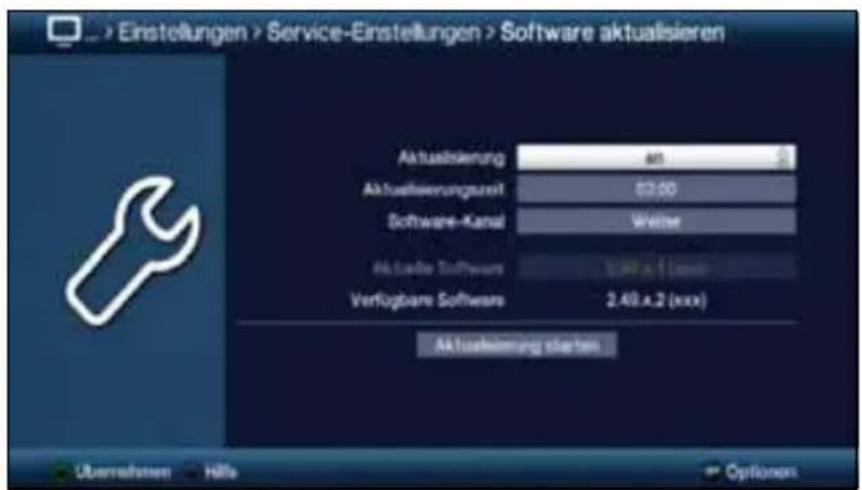 > Einstellungen > Service-Einstellungen > Software aktualisieren Aktualisierung an Aktualisierungszurit 03:00 Software-Kanal Welter Aktuelle Software 2.49.x,2 (xxx) Verfügbare Software 2.49.x,2 (xxx) Aktualisierung starten Überwasser - Hille Options