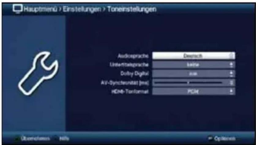 Hauptmend > Einstellungen > Tonenstellungen Audioprasche Deutsch Unterlöseprache Beine Dolby Digital AV-Synchenerität (ms) HONB-Tonformat PCM Überlehen Nisse Options