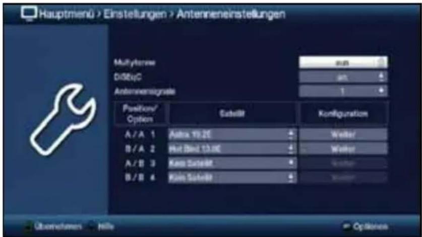 Hauptmenü > Einstellungen > Antenneneinstellungen Multipliers D38byC Antennereignals Position/Option Seteilt Konfiguration A / A 1 Astra 10.25 Welter B / A 2 Hot Bed 13.00 Welter A / B 3 Kiss Sutelt Welter B / B 4 Kiss Sutelt Welter Übernehmen Hille Options