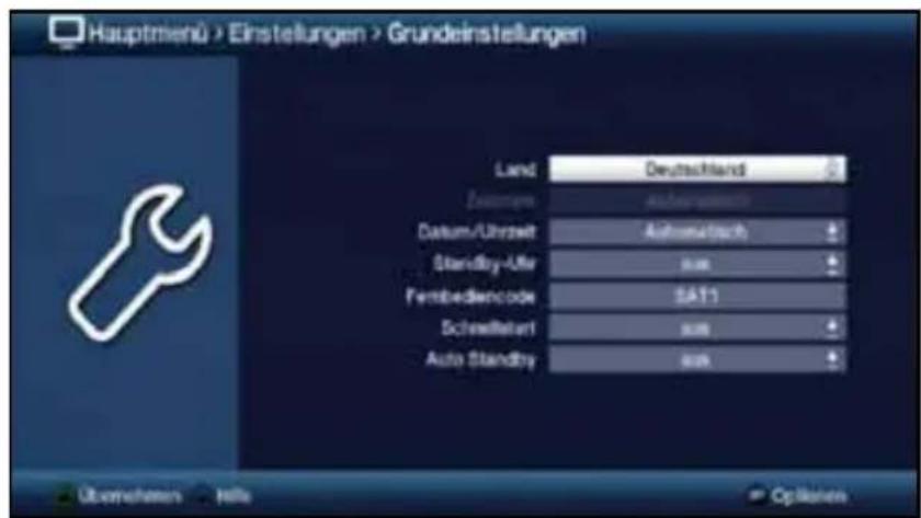 Hauptmienü > Einstellungen > Grundeinstellungen Land Deutschland Zeinzenen Andereinland Datum/Uhrzeit Aufwandfu Standby-Uhr um Frembediencode SAT1 Schneffelart um Auto Standby um Übernehmen Hills Options