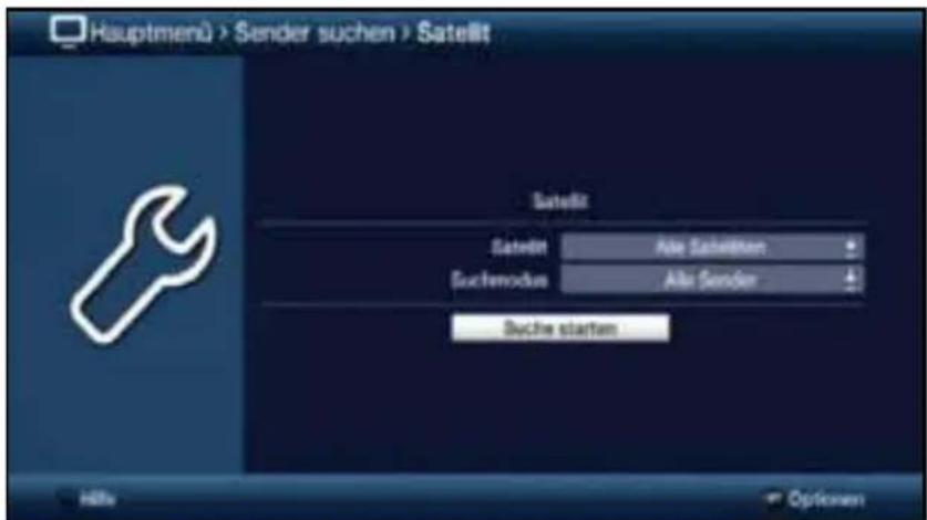 Hauptmenü > Sender suchen > Satellit Satellit Sateln Aka Sachlehen Suchmodus Aka Sender Buche starten Hills Optoren