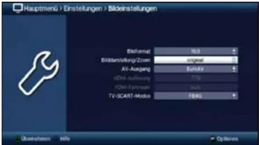 Hauptmien > Einstellungen > Bildeinstellungen Bäflamerat 16.9 Bädlanstellung/Zoom original AV-Ausgang EuroAV HD-Infraußerung 178 HD-Partif-Gram 345 TV-SCART-Modus FBAS Übernehmen Hille Optimize