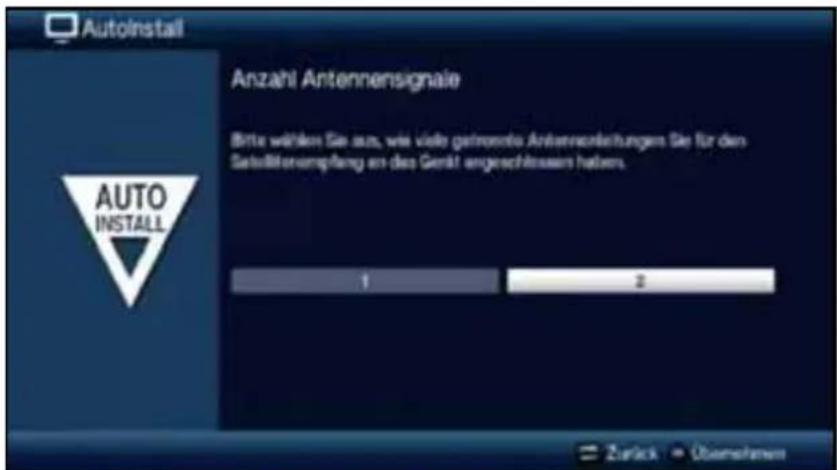 AutoInstall Anzahl Antennensignale Bitte wählen Sie auch, wie viele getmene Antennanleihungen Sie für den Satzkitionverpfang am das Gerät angeschlossen haben. AUTO INSTALL 1 2 Zurück Überschwernt