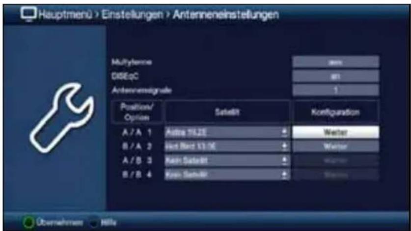 Hauptmenü > Einstellungen > Antenneneinstellungen Multiplane 05@cp Antennenvolgrade Position/ Option Sateloit Korfiguration A / A 1 Astra 16.2E Welter B / A 2 Bad Rad 17.0E Welter A / B 3 Kahn Sateloit Welter B / B 4 Kahn Sateloit Welter Übernehmer Höhe