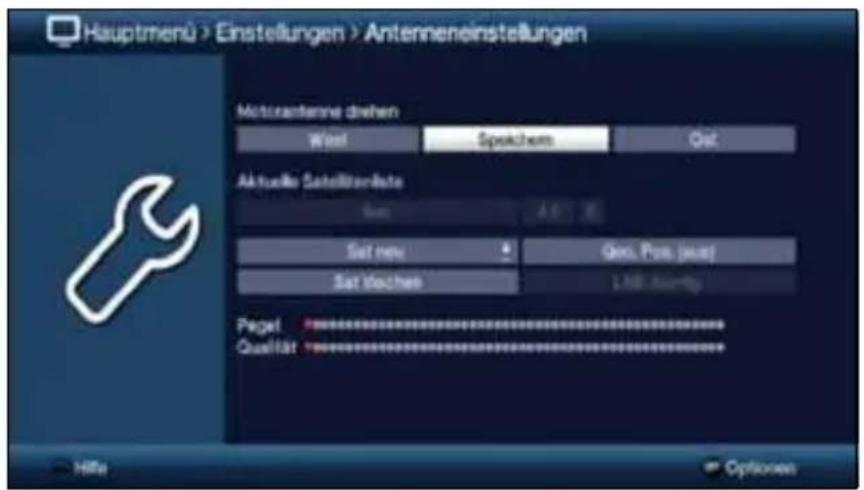 Hauptmenü > Einstellungen > Antenneneinstellungen Motuxantenne drehen Wrist Speckern Ost Aktuelle Satellitelete Satz neu Geo. Pos. (aus) Satz viechen LAN - 400-60 Pagel Qualität