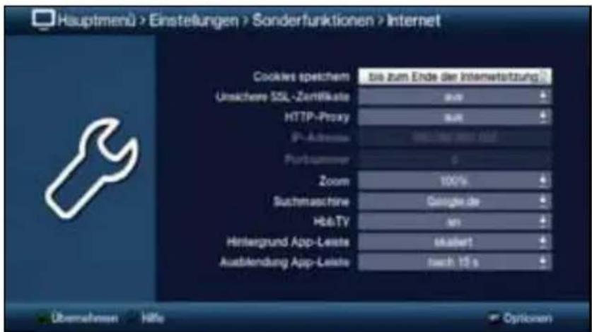 Hauptmenü > Einstellungen > Sonderfunktionen > Internet Cookies speichem bis zum Ende der Internetsetzung Umsichere SSL-Zertifikate BAN HTTP-Proxy BAN IP-Address Gesamtung von 100% Portnummer Zoom 100% Sachmaschine Gelugde de H&Y an Hintergrund App-Leeste inkuert Ausblendung App-Leeste nach 15 s Übernehmen Höhe Optionen