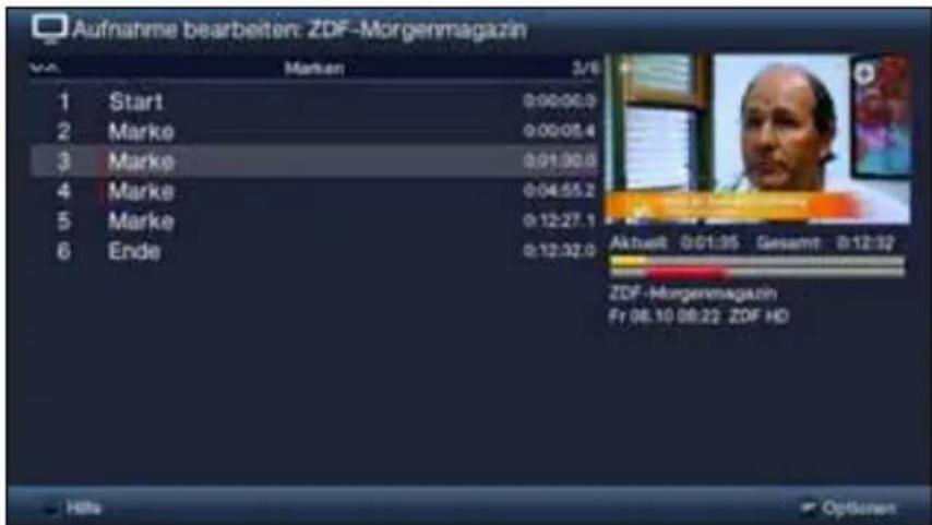 Aufnahme bearbeiten: ZDF-Morgenmagazin Marken 3/6 1 Start 0:00:00.0 2 Marke 0:00:05.4 3 Marke 0:01:00.0 4 Marke 0:04:55.2 5 Marke 0:12:27.1 6 Ende 0:12:32.0 Aktualt 0:01:35 Gesamt 8:12:32 ZDF-Morgenmagazin Fr 08.10 08:22 ZDF HD Hits Options