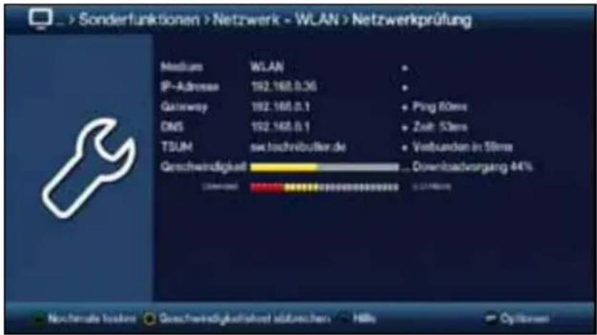 Sonderfunktionen > Netzwerk - WLAN > Netzwerkprüfung Medium WLAN IP-Adresse 192.168.0.36 Gateway 192.168.0.1 Ping 80ms DNS 192.168.0.1 Zahl: 50ms TSUM swe beschribuller.de Verbunden in 50ms Geschwindigkeit Downloadung 44% Nichtnahme Inseris Geschwindigkehrszeit aktreschen HiBy Cybernet