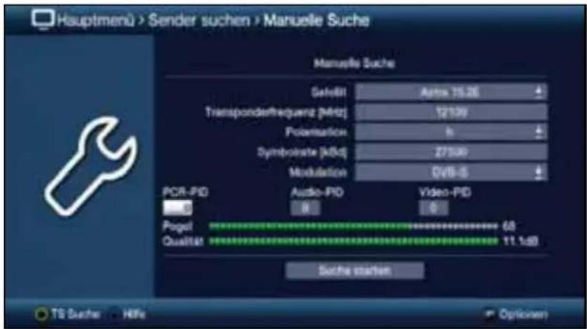Hauptmenü > Sender suchen > Manuelle Suche Manuelle Suche Select: Auto 15.26 Transponderfrequenz [MHz] 12/39 Potemotion h Symbolize [kHz] 27/40 Modulation OyB-S PCR-PID Audio-PID Video-PID 0 B 0 Pagel 68 Qualität 11.1dB Suche marken TS Sucher - HiFe Options