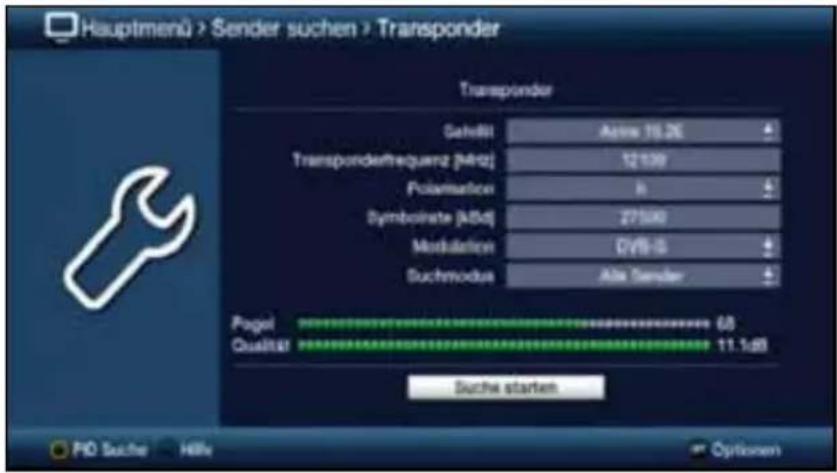 Hauptmenü > Sender suchen > Transponder Transponder Channel: Asine 16.2€ Transponderfrequenz [kHz] 12139 Polarmatrices: B Symboliste [kfsd] 27500 Modulation: OyB-G Suchmodus: Altä Sender Pagei 68 Qualität 11.1d8 Suche starten PIO Suche Hille Optionen