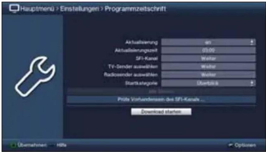 Hauptmenü > Einstellungen > Programmzeitschrift Aktualisierung an Aktualleistungszahl 03:00 SFI-Kanal Wolter TV-Sender auswählen Wolter Radiosender auswählen Wolter Startkshegorte Überlöse Prote Vorhandensamt des SFI-Kerule ... Download starten Übernehmens HRS Optionen