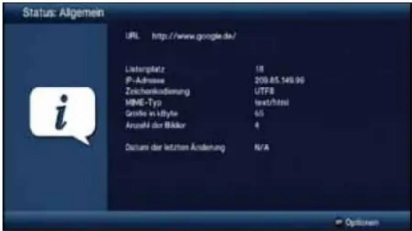 Status: Allgemein URL http://www.google.de/ Listengplatz 18 IP-Admissse 209.85.149.99 Zeichankodierung UTF8 MINE-Typ text/html Größe in kByte 65 Anzahl der Bätkor 4 Datum der letzten Änderung N/A Optionen