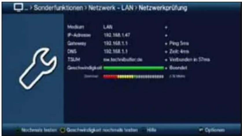 Sonderfunktionen > Netzwerk - LAN > Netzwerkprüfung Medium LAN + IP-Address 192.168.1.47 + Gazhway 192.168.1.1 + Ping 5ms DNS 192.168.1.1 + Zeit: 4ms TSUM new techniflufter.de + Verbanden in 57ms Geschwindigkeit Boardlet Davonluss 0, 15, 100ms Nuchensatz testen Geschwindigkeit nochwerte testen Hilfe Options