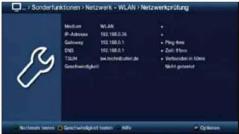 > Sonderfunktionen > Netzwerk - WLAN > Netzwerkprüfung Medium WLAN IP-Adresses 192.168.0.36 Gahrway 192.168.0.1 DNS 192.168.0.1 TSLM sw.bachributter.de Geschwindigkeit Nicht geteSELAT • Nochmats testen Geschwindigkeit testen • Hilfe • Options