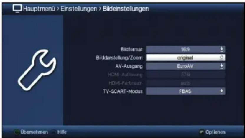Hauptmenü > Einstellungen > Bildeinstellungen Bildformat 16:9 ↓ Bilddarstellung/Zoom original AV-Ausgang EuroAV ↓ HDMI-Außösung 576i HDMI-Farbraum auto TV-SCART-Modus FBAS ↓ Übemehmen Hilfe Optionen