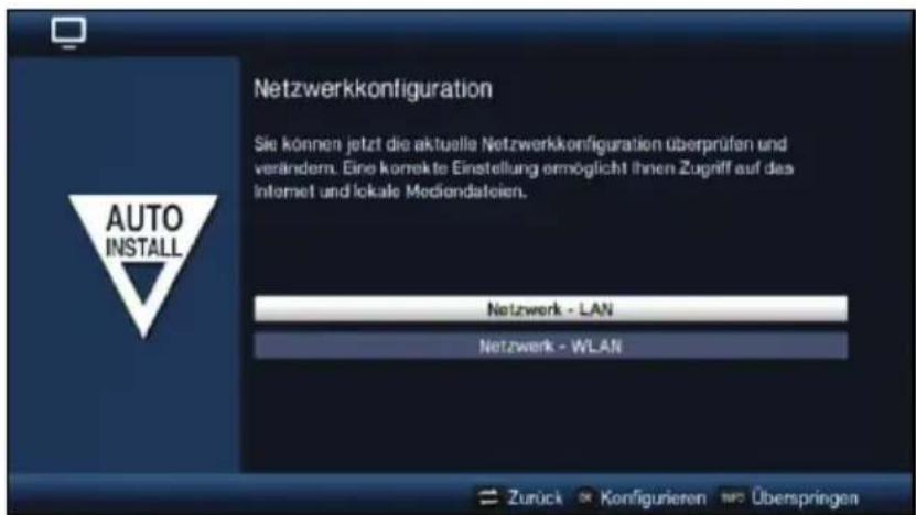 Netzwerkkonfiguration Sie können jetzt die aktuelle Netzwerkkonfiguration überprüfen und verändern. Eine komakte Einstellung ermöglicht Ihnen Zugriff auf das Internet und lokale Mediondaleien. Auto INSTALL Netzwerk - LAN Netzwerk - WLAN Zurück € Konfigurieren Euro Überspringen