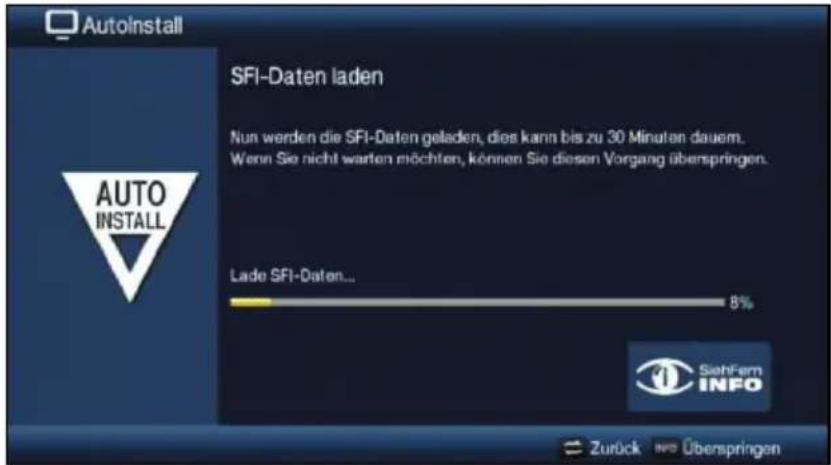 AutoInstall SFI-Daten laden Nun werden die SFI-Daten geladen, dies kann bis zu 30 Minuten dauern. Wenn Sie nicht warten möchten, können Sie diesen Vorgang überspringen. Lade SFI-Daten... 8% SiefFern INFO Zurück INFO Überspringen