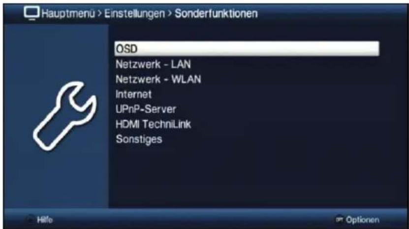 Hauptmenu > Einstellungen > Sonderfunktionen OSD Netzwerk - LAN Netzwerk - WLAN Internet UPnP-Server HDMI TechniLink Sonstiges Hilfe Optionen