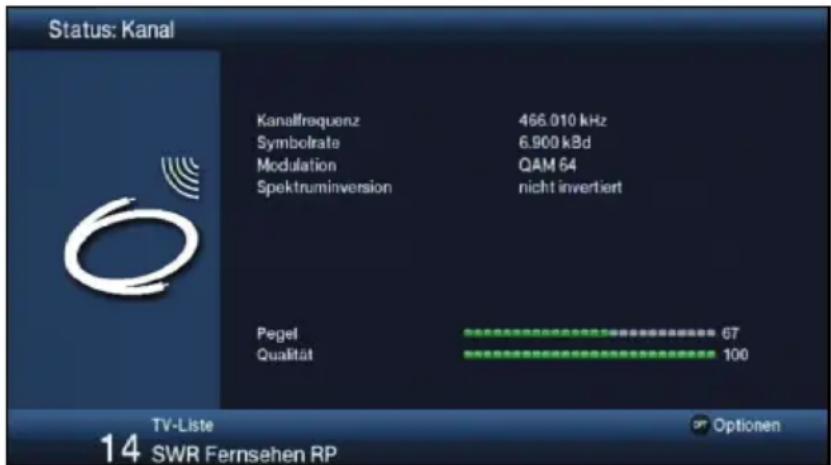 Status: Kanal Kanalfrequenz 466.010 kHz Symbolrate 6.900 kBd Modulation QAM 64 Spektruminversion nicht invertiert Pegel 6T Qualität 100 TV-Liste Optionen 14 SWR Fernsehen RP