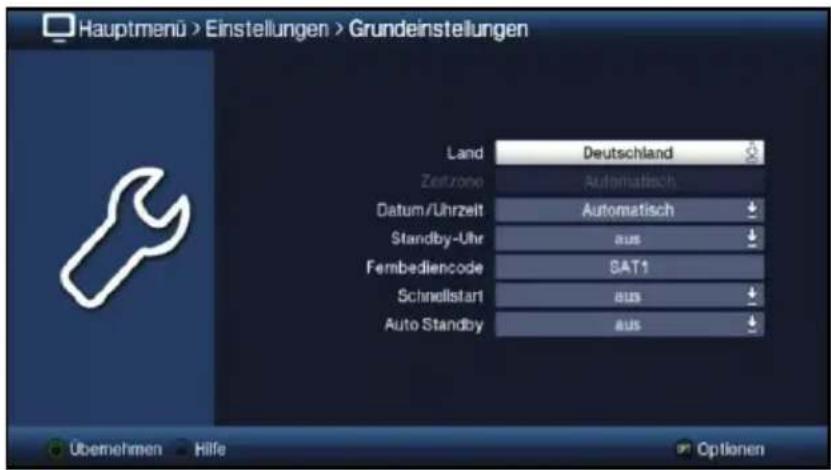 Hauptmenü > Einstellungen > Grundeinstellungen Land Deutschland Zeitrone Automatisch Datum/Uhrzeit Automatisch Standby-Uhr aus Fembediencode SAT1 Schnellstart aus Auto Standby aus Übemehmen Hilfe Optionen