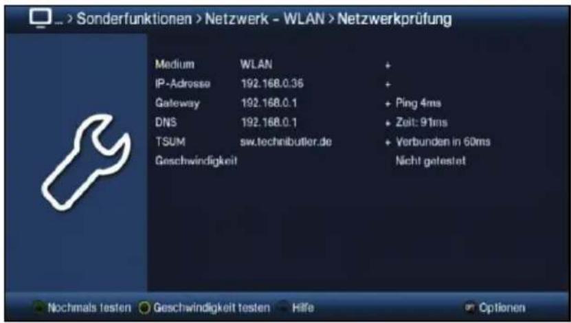 Sonderfunktionen > Netzwerk - WLAN > Netzwerkprüfung Medium WLAN + IP-Adresse 192.168.0.35 + Gateway 192.168.0.1 + Ping 4ms DNS 192.168.0.1 + Zeit: 91ms TSUM sw.technibutler.de + Verbunden in 60ms Geschwindigkeit Nicht getestet Nochmals testen Geschwindigkeit testen Hilfe Optionen