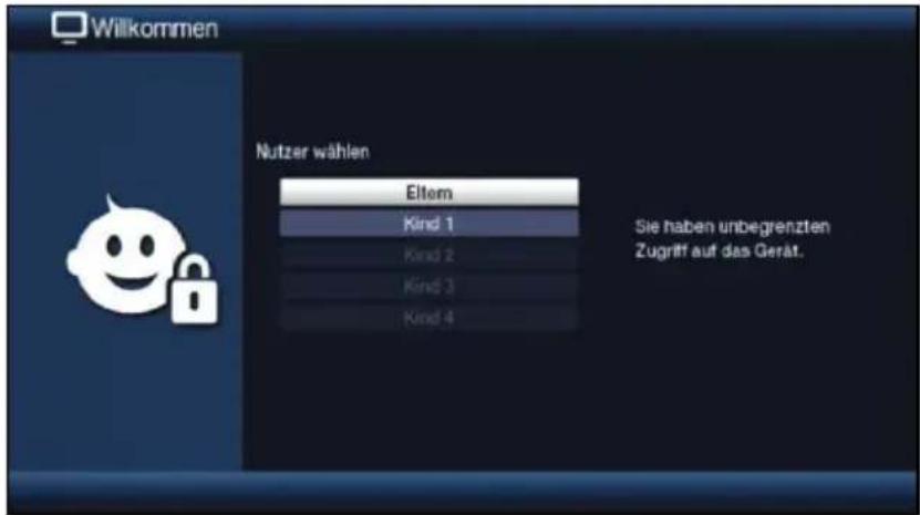 Willkommen Nutzer wählen Eltem Kind 1 Kind 2 Kind 3 Kind 4 Sie haben unbegrenzten Zugriff auf das Gerät.