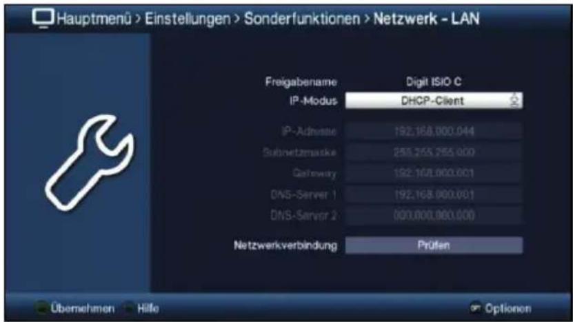 Hauptmenü > Einstellungen > Sonderfunktionen > Netzwerk - LAN Freigabename IP-Modus DhCP-Client IP-Adnivste 192.168.000.044 Subnetzmaske 255.255.255.000 Gateway 192.168.000.001 DNS-Server 1 192.168.000.001 DNS-Server 2 000.000.000.000 Netzwerkverbindung Prüfen Übernehmen Hilfe Optionen