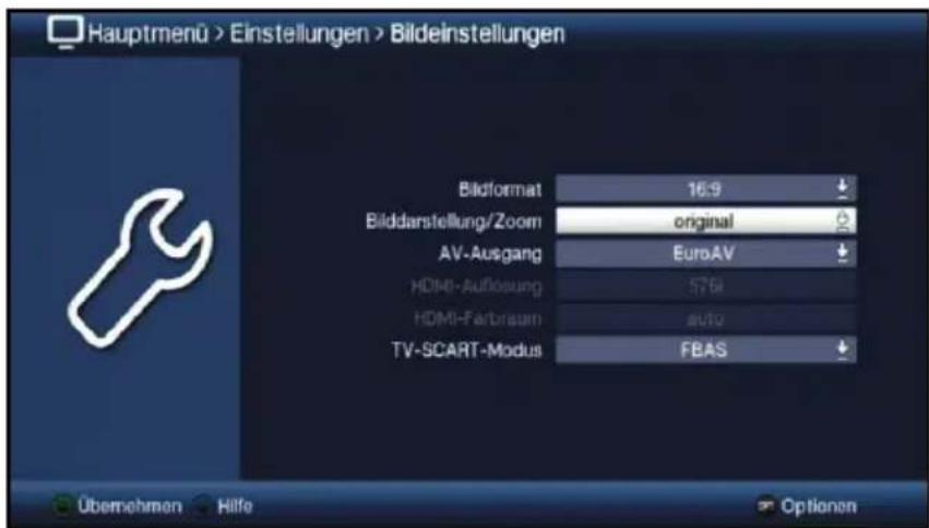 Hauptmenü > Einstellungen > Bildeinstellungen Bildformat 16.9 Bilddarstellung/Zoom original AV-Ausgang EuroAV HDMI-Auflosung 578 HDMI-Farbrisum auto TV-SCART-Modus FBAS Übernehmen Hilfe Optionen