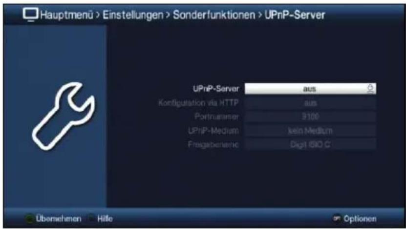 Hauptmenü > Einstellungen > Sonderfunktionen > UPnP-Server UPnP-Server aus Kontfiguration via HTTP aus Portnummer 3100 UPnP-Medium kein Medium Fragabenamc Digit ISO C Übernehmen Hilfe Optionen