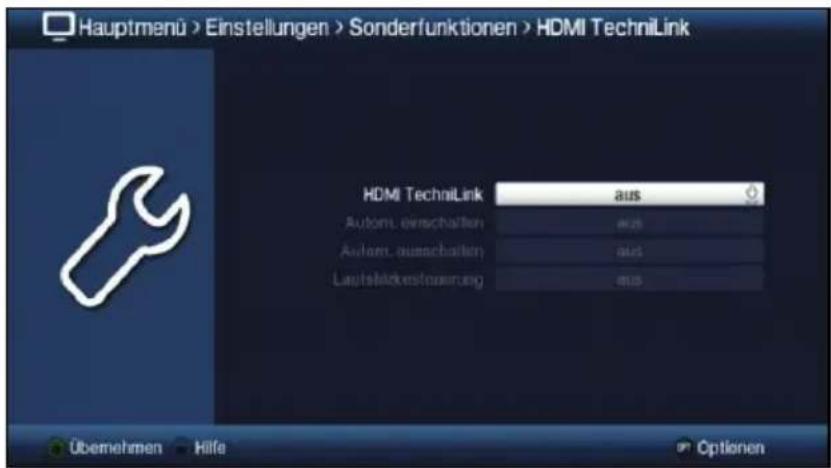 Hauptmenü > Einstellungen > Sonderfunktionen > HDMI TechniLink HDMI TechniLink aus Autom. einschalten aus Autlast. ausschalten aus Lapitaldienstreuernung aus Übemehmen Hilfe Optionen