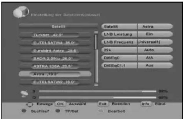 Einstellung der Satellibenschussel Satellit Türsat 42.0° EUTEL SATW4 36.0° Eurobird-Astra 29.5° BADR 2.3/Ku 26.0° ASTRA 1D3A 23.5° Astra .19.2° EUTEL SATW2 16.0° S 80% Q 69% Bewege OK Auswähl Exit Beenden Info Blind Suchlauf TP/Set Bearbelt