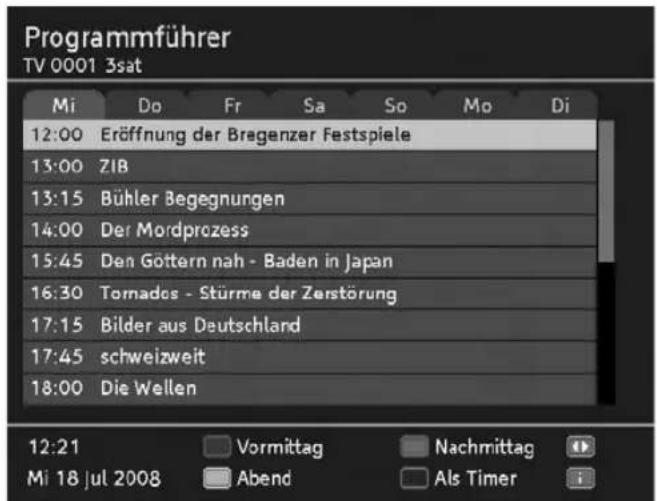 Programmführer TV 0001 3sat Mi Do Fr Sa So Mo Di 12:00 Eröffnung der Bregenzer Festspiele 13:00 ZIB 13:15 Bühler Begegnungen 14:00 Der Mordprozess 15:45 Den Göttern nah - Baden in Japan 16:30 Tornades - Stürme der Zerstörung 17:15 Bilder aus Deutschland 17:45 schweizweit 18:00 Die Wellen 12:21 Vormittag Nachmittag Mi 18 Jul 2008 Abend Als Timer