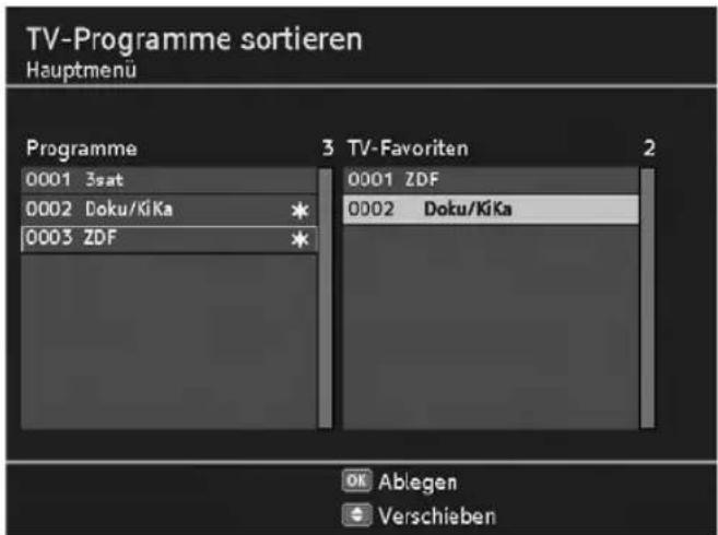 TV-Programme sortieren Hauptmenu Programme 0001 3sat 0002 Doku/KiKa * 0003 ZDF 3 TV-Favoriten 2 0001 ZDF 0002 Doku/KiKa OK Ablegen + Verschieben