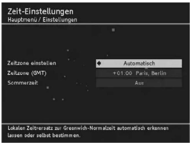 Zeit-Einstellungen Hauptmenü / Einstellungen Zeitzone einstellen Zeitzone (GMT) Sommerzeit Automatisch +01:00 Paris, Berlin Aus Lokalen Zeitversatz zur Greenwich-Normalzeit automatisch erkennen lassen oder selbst bestimmen.