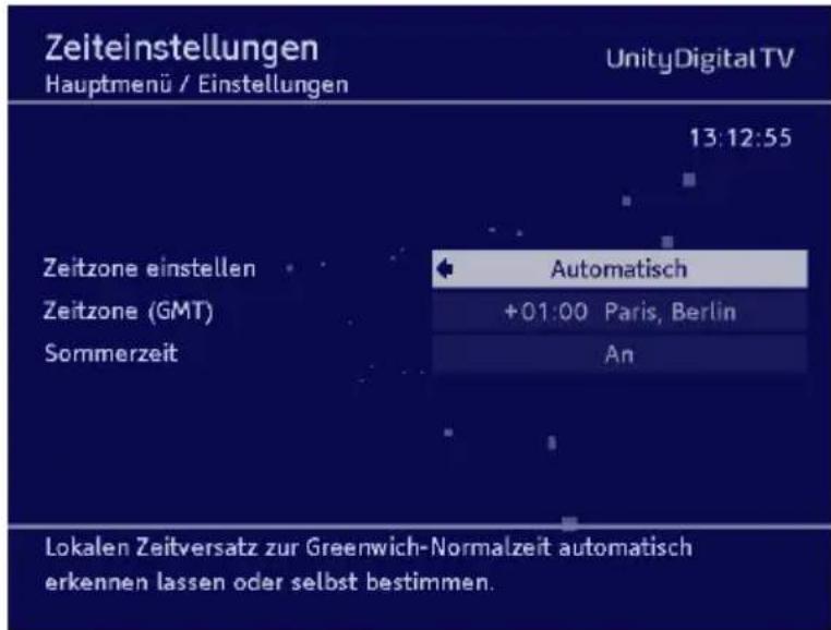 Zeiteinstellungen Hauptmenü / Einstellungen UnityDigital TV 13:12:55 Zeitzone einstellen Zeitzone (GMT) Sommerzeit Automatisch +01:00 Paris, Berlin An Lokalen Zeitversatz zur Greenwich-Normalzeit automatisch erkennen lassen oder selbst bestimmen.