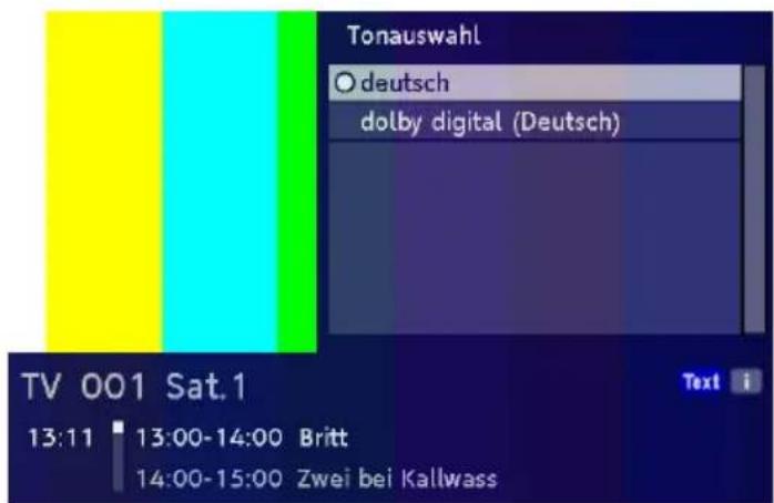 Tonauswahl deutsch dolby digital (Deutsch) TV 001 Sat.1 13:11 13:00-14:00 Britt 14:00-15:00 Zwei bei Kallwass