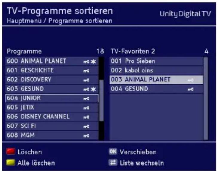 TV-Programme sortieren Hauptmenü / Programme sortieren UnityDigital TV Programme 18 TV-Favoriten 2 4 600 ANIMAL PLANET 601 GESCHICHTE 602 DISCOVERY 603 GESUND 604 JUNIOR 605 JETIX 606 DISNEY CHANNEL 607 SCI FI 608 MGM 001 Pro Sieben 002 kabel eins 003 ANIMAL PLANET 004 GESUND Löschen Alle löschen OK Verschieben Liste wechseln