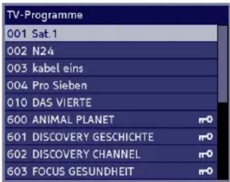 TV-Programme 001 Sat.1 002 N24 003 kabel eins 004 Pro Sieben 010 DAS VIERTE 600 ANIMAL PLANET 601 DISCOVERY GESCHICHTE 602 DISCOVERY CHANNEL 603 FOCUS GESUNDHEIT