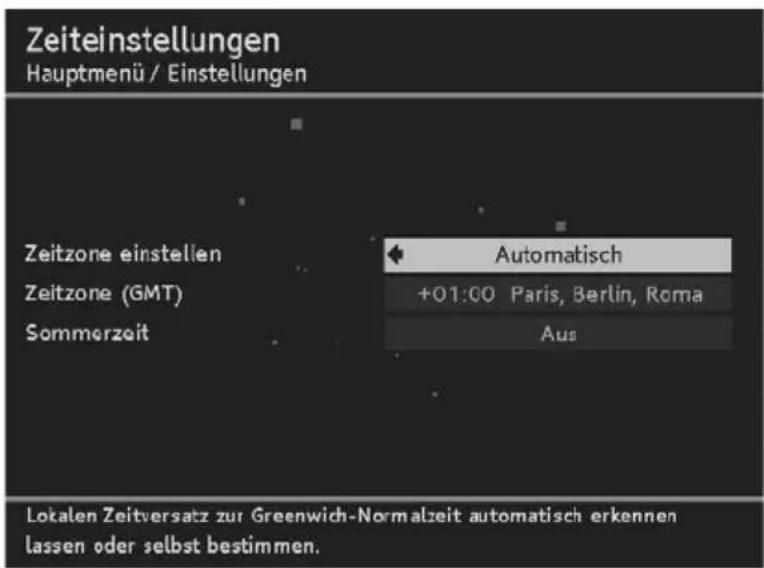 Zeiteinstellungen Hauptmenü / Einstellungen Zeitzone einstellen Zeitzone (GMT) Sommerzeit Automatisch +01:00 Paris, Berlin, Roma Aus Lokalen Zeitversatz zur Greenwich-Normalzeit automatisch erkennen lassen oder selbst bestimmen.